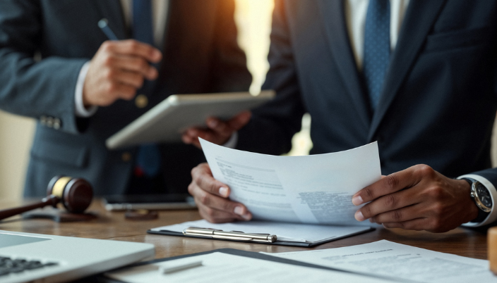 Abogados analizando documentos como parte de la preparación y estrategia de litigación.